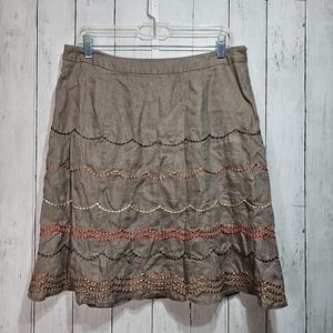 Boden Women's Taupe Brown Linen Embroidered A-Line Skirt Size US 10 Reg Lined.